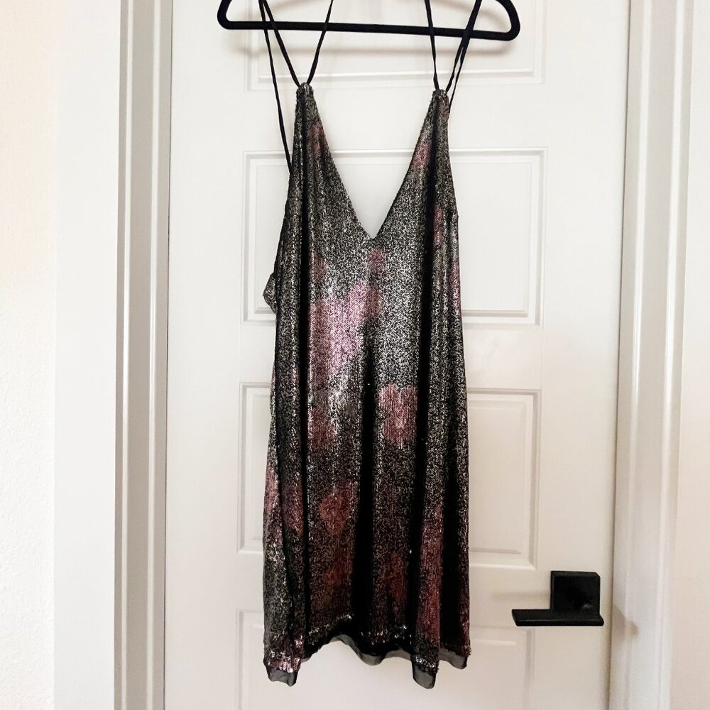 Free People Sequin Slip Dress NWT Black Floral L Party Mini Strappy Back - Picture 3 of 6